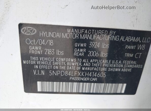 5NPD84LFXKH414605 2019 HYUNDAI ELANTRA Белый Вид подкапотного пространства