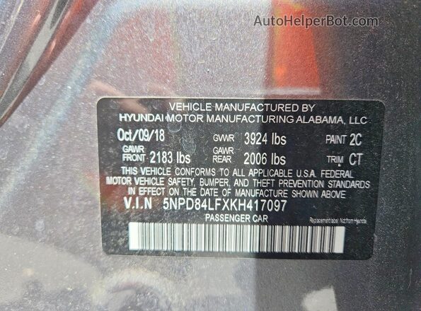 5NPD84LFXKH417097 2019 HYUNDAI ELANTRA Gray ძრავის განყოფილების ხედი