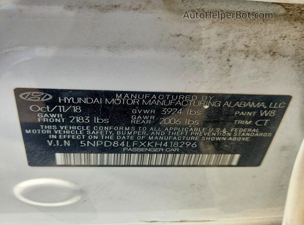 5NPD84LFXKH418296 2019 HYUNDAI ELANTRA White ძრავის განყოფილების ხედი