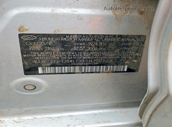5NPD84LFXKH422171 2019 HYUNDAI ELANTRA Silver VIN კოდის სტიკერის ხედი