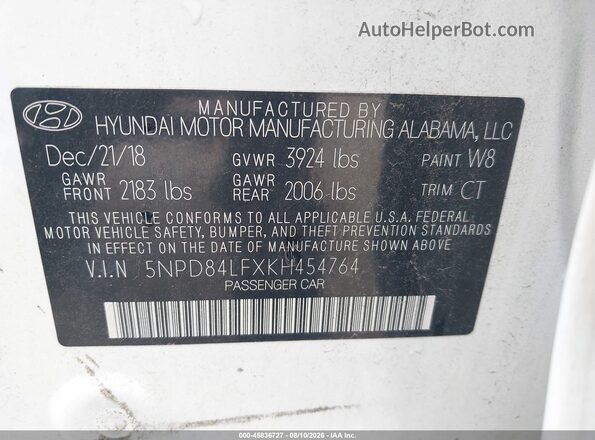 5NPD84LFXKH454764 2019 HYUNDAI ELANTRA Белый Вид подкапотного пространства