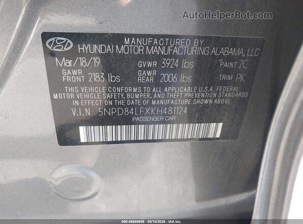 5NPD84LFXKH481124 2019 HYUNDAI ELANTRA Gray Vista del compartimento del motor