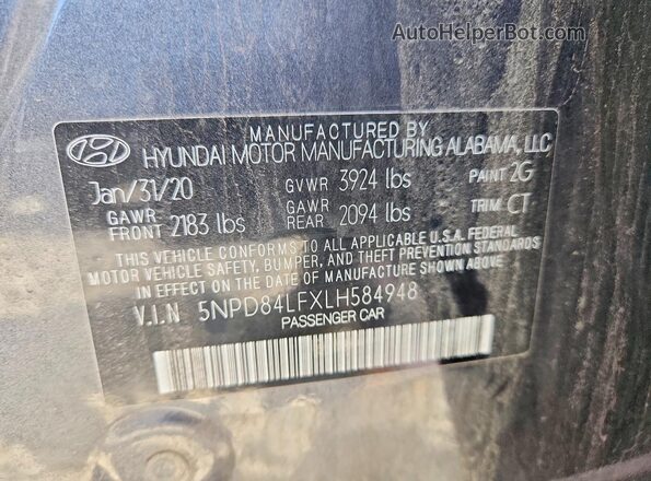 5NPD84LFXLH584948 2020 HYUNDAI ELANTRA Gray Widok naklejki z numerem VIN