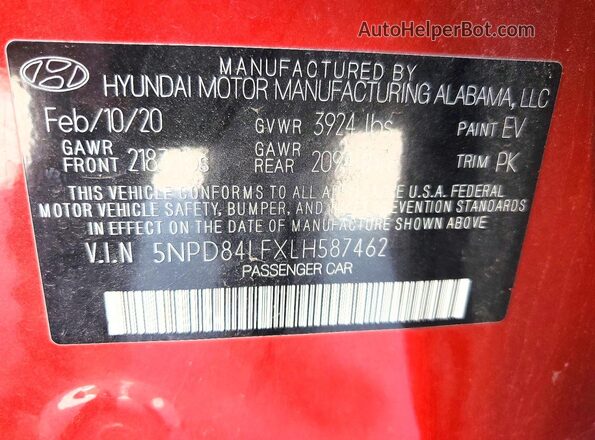 5NPD84LFXLH587462 2020 HYUNDAI ELANTRA Red Շարժիչի բաժամունքի տեսք