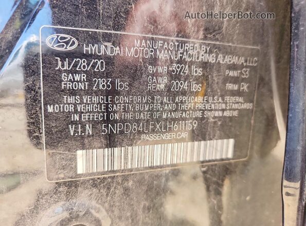 5NPD84LFXLH611159 2020 HYUNDAI ELANTRA Black Widok naklejki z numerem VIN