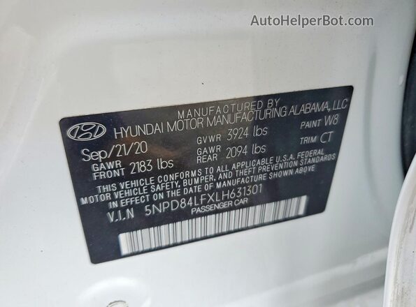 5NPD84LFXLH631301 2020 HYUNDAI ELANTRA White Vista del compartimento del motor