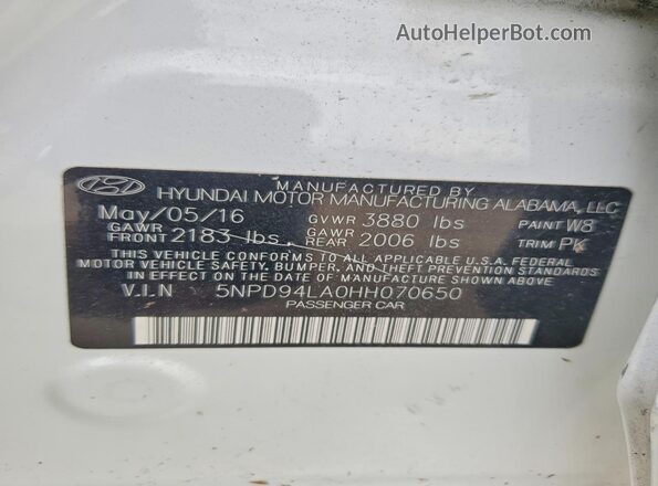 5NPD94LA0HH070650 2017 HYUNDAI ELANTRA White Vista de la etiqueta del VIN