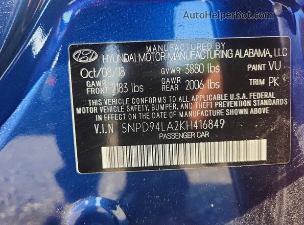 5NPD94LA2KH416849 2019 HYUNDAI ELANTRA Blue Widok naklejki z numerem VIN