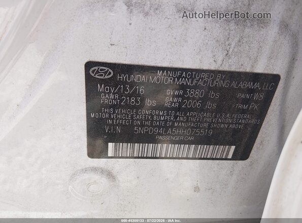 5NPD94LA5HH075519 2017 HYUNDAI ELANTRA White Вид підкапотного простору