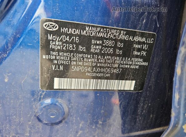 5NPD94LAXHH069487 2017 HYUNDAI ELANTRA Blue Շարժիչի բաժամունքի տեսք