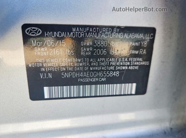 5NPDH4AE0GH655848 2016 HYUNDAI ELANTRA Silver ძრავის განყოფილების ხედი