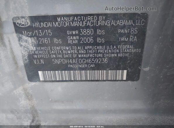 5NPDH4AE0GH659236 2016 HYUNDAI ELANTRA Silver Vista del compartimento del motor