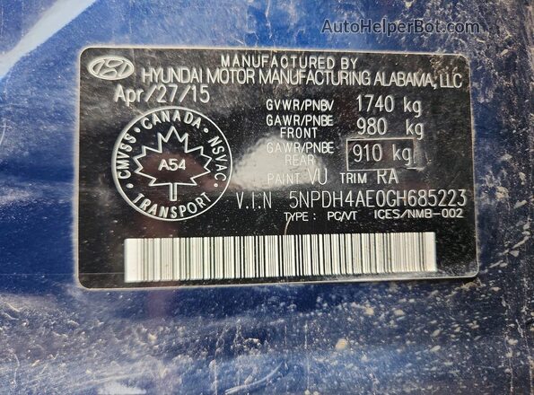 5NPDH4AE0GH685223 2016 HYUNDAI ELANTRA Blue Շարժիչի բաժամունքի տեսք