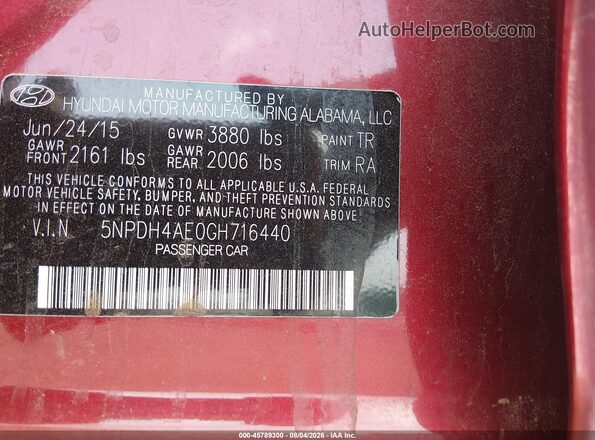 5NPDH4AE0GH716440 2016 HYUNDAI ELANTRA Red ძრავის განყოფილების ხედი