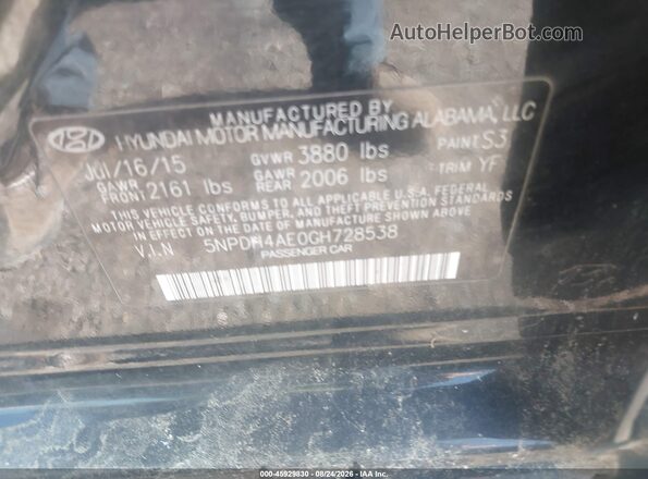5NPDH4AE0GH728538 2016 HYUNDAI ELANTRA Black Widok komory silnika