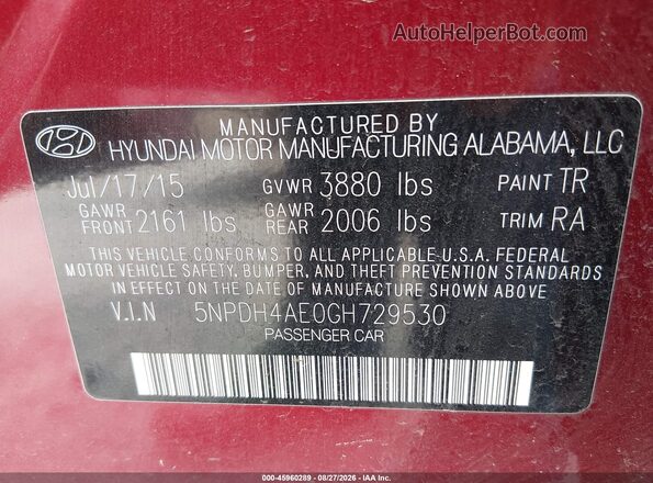 5NPDH4AE0GH729530 2016 HYUNDAI ELANTRA Red Widok komory silnika