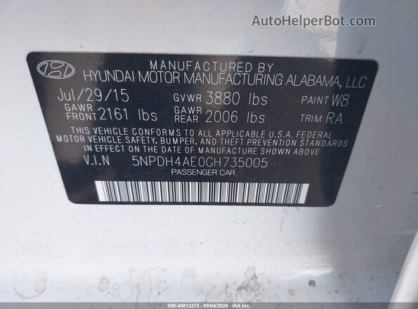 5NPDH4AE0GH735005 2016 HYUNDAI ELANTRA White ძრავის განყოფილების ხედი