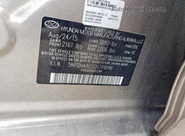5NPDH4AE0GH749096 2016 HYUNDAI ELANTRA Tan VIN կոդի պիտակի տեսք