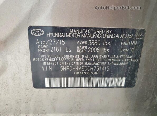 5NPDH4AE0GH751415 2016 HYUNDAI ELANTRA Silver VIN sticker view