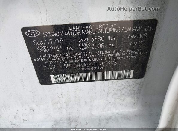 5NPDH4AE0GH763273 2016 HYUNDAI ELANTRA White Շարժիչի բաժամունքի տեսք