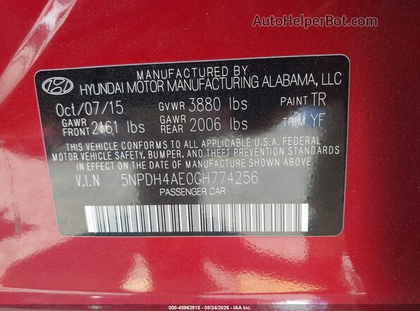 5NPDH4AE0GH774256 2016 HYUNDAI ELANTRA Red ძრავის განყოფილების ხედი