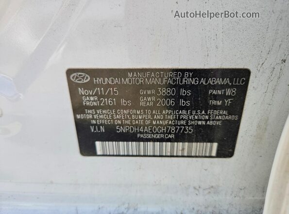 5NPDH4AE0GH787735 2016 HYUNDAI ELANTRA White VIN sticker view