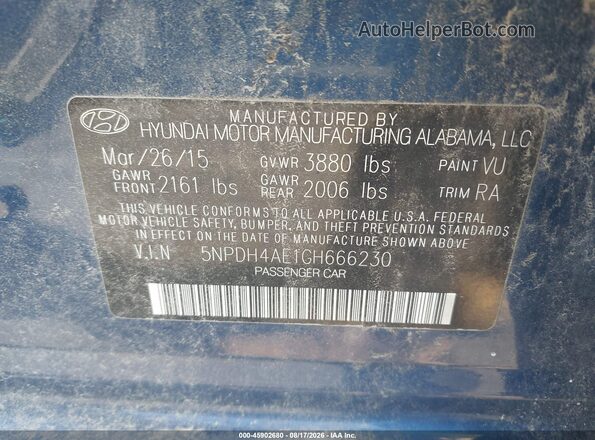 5NPDH4AE1GH666230 2016 HYUNDAI ELANTRA Blue Շարժիչի բաժամունքի տեսք