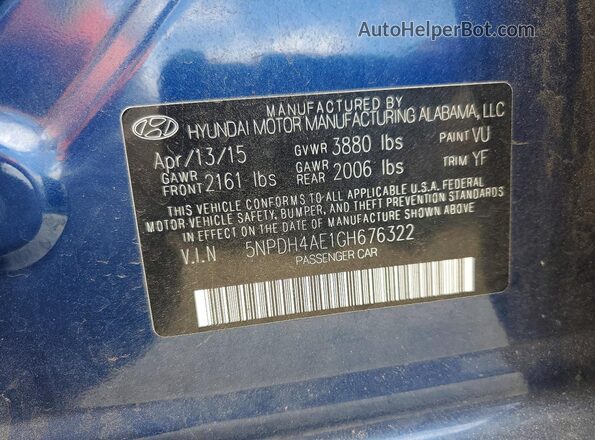 5NPDH4AE1GH676322 2016 HYUNDAI ELANTRA Синий Вид наклейки с VIN-кодом