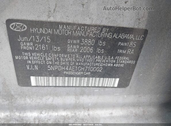 5NPDH4AE1GH710002 2016 HYUNDAI ELANTRA Silver Вид підкапотного простору