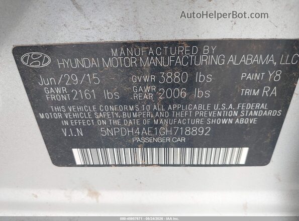 5NPDH4AE1GH718892 2016 HYUNDAI ELANTRA Silver Widok komory silnika
