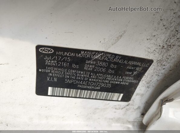 5NPDH4AE1GH729035 2016 HYUNDAI ELANTRA White Vista del compartimento del motor