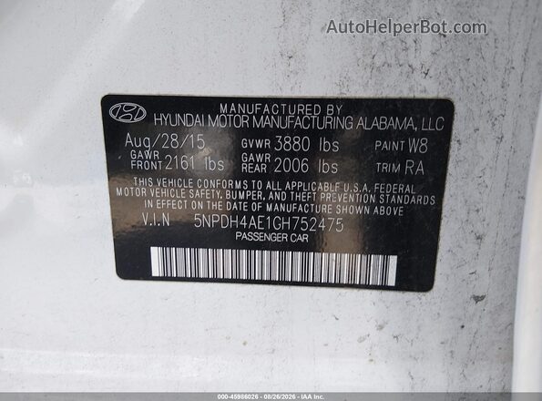 5NPDH4AE1GH752475 2016 HYUNDAI ELANTRA White ძრავის განყოფილების ხედი