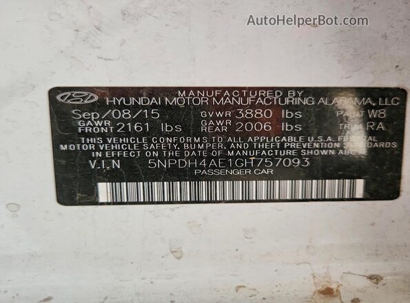 5NPDH4AE1GH757093 2016 HYUNDAI ELANTRA Белый 