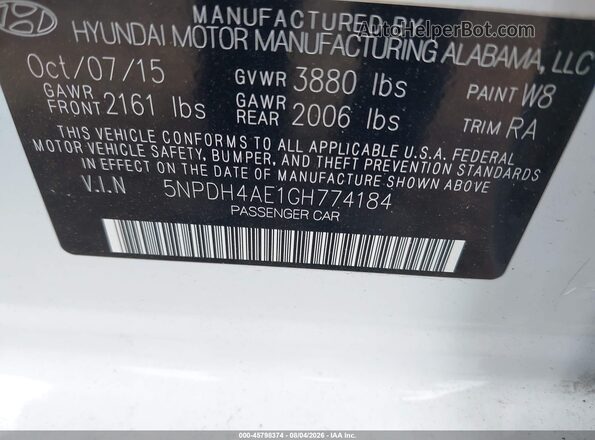 5NPDH4AE1GH774184 2016 HYUNDAI ELANTRA White Engine compartment view