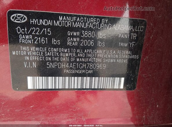 5NPDH4AE1GH780969 2016 HYUNDAI ELANTRA Red ძრავის განყოფილების ხედი