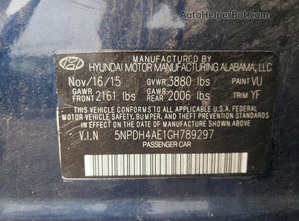 5NPDH4AE1GH789297 2016 HYUNDAI ELANTRA Blue Շարժիչի բաժամունքի տեսք