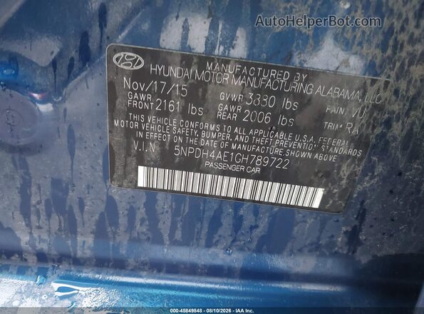 5NPDH4AE1GH789722 2016 HYUNDAI ELANTRA Синий Вид подкапотного пространства