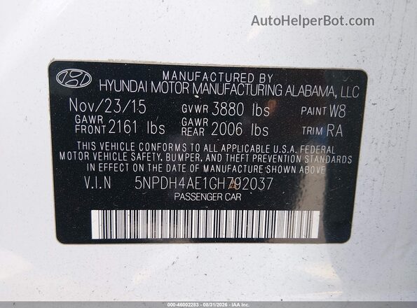 5NPDH4AE1GH792037 2016 HYUNDAI ELANTRA White Շարժիչի բաժամունքի տեսք