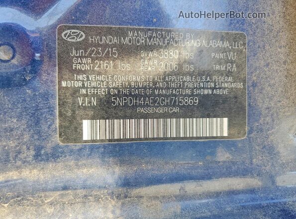 5NPDH4AE2GH715869 2016 HYUNDAI ELANTRA Blue Widok komory silnika