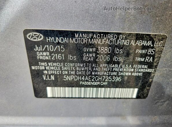 5NPDH4AE2GH725396 2016 HYUNDAI ELANTRA Gray Widok komory silnika