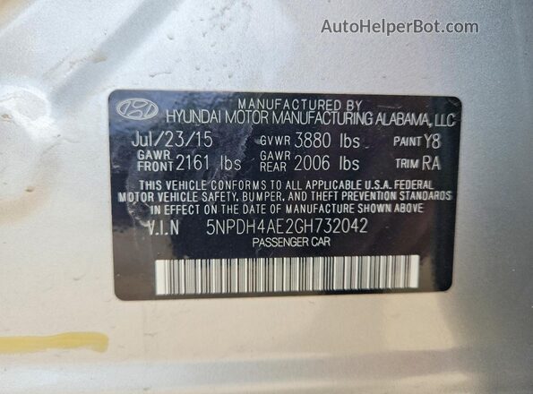 5NPDH4AE2GH732042 2016 HYUNDAI ELANTRA Silver Вид наклейки з VIN-кодом