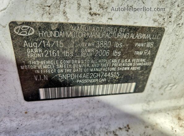 5NPDH4AE2GH744515 2016 HYUNDAI ELANTRA White 