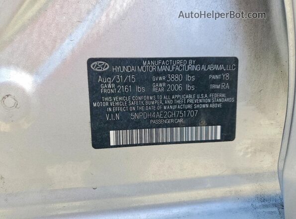 5NPDH4AE2GH751707 2016 HYUNDAI ELANTRA Silver VIN sticker view