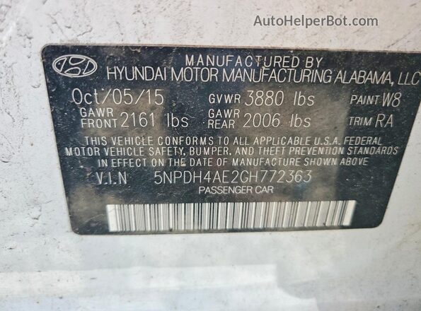 5NPDH4AE2GH772363 2016 HYUNDAI ELANTRA White ძრავის განყოფილების ხედი