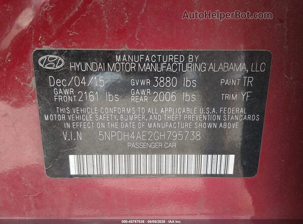 5NPDH4AE2GH795738 2016 HYUNDAI ELANTRA Red Vista del compartimento del motor