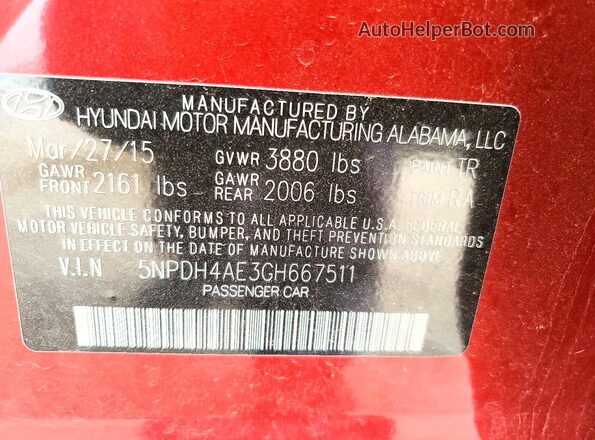 5NPDH4AE3GH667511 2016 HYUNDAI ELANTRA Red Engine compartment view
