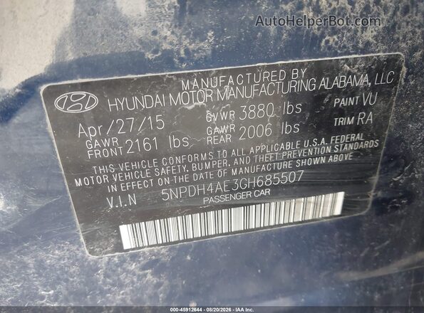 5NPDH4AE3GH685507 2016 HYUNDAI ELANTRA Blue ძრავის განყოფილების ხედი