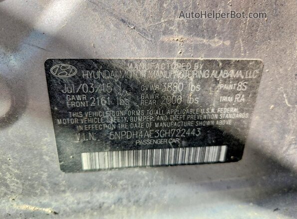 5NPDH4AE3GH722443 2016 HYUNDAI ELANTRA Silver VIN კოდის სტიკერის ხედი