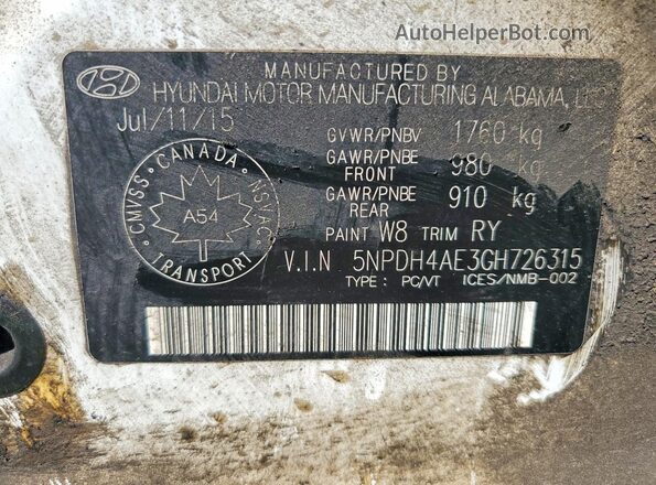 5NPDH4AE3GH726315 2016 HYUNDAI ELANTRA White Widok komory silnika