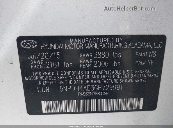 5NPDH4AE3GH729991 2016 HYUNDAI ELANTRA White Vista del compartimento del motor